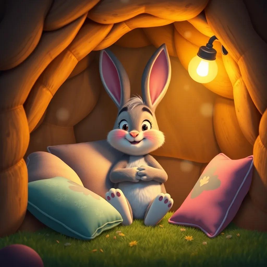 A cozy burrow of Benny the bunny, with soft pillows and memorabilia of his bouncing adventures, under the glow of a gentle night light, inviting colors, peaceful atmosphere, charming digital art