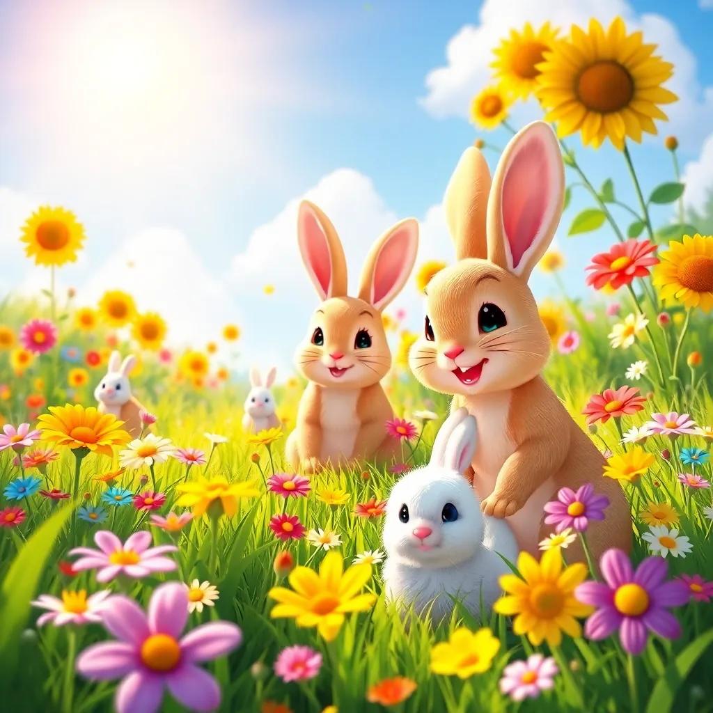 A sunny meadow filled with colorful flowers and fluffy bunnies, cheerful atmosphere, digital illustration, bright colors and playful vibe, warm sunlight