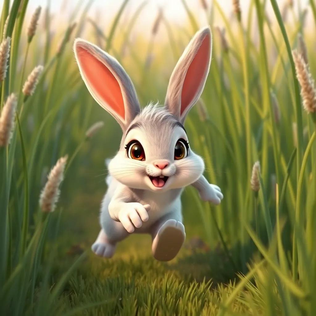 A brave bunny named Benny, a small, quick bunny with soft white fur, racing through the tall grass with determination, digital art, vibrant colors, action-packed scene