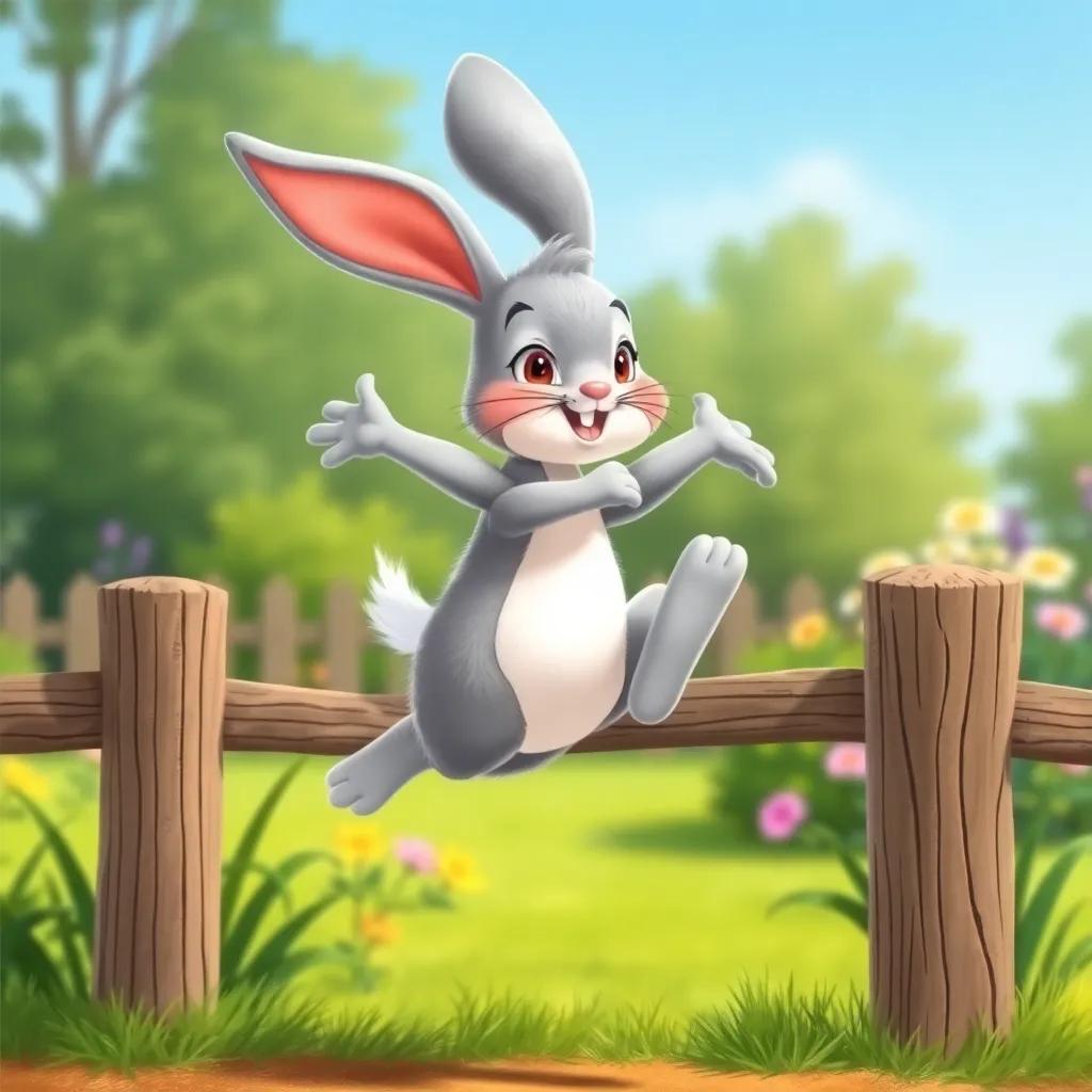 A graceful jumper bunny named Bella, with soft gray fur and big ears, leaping over a wooden fence with a garden in the background, dynamic pose, child-friendly illustration, cheerful tones