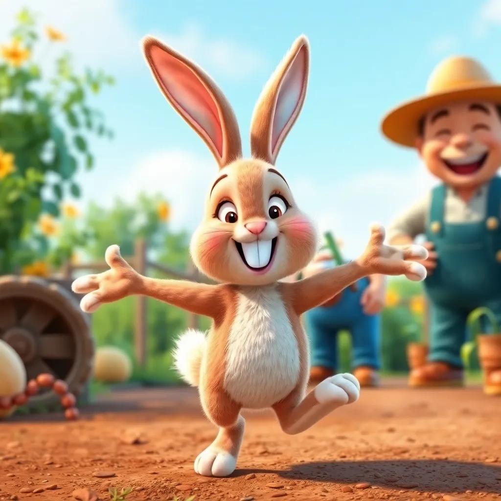 Benny Boo, a spinning bunny with light brown fur and a big smile, spinning around joyfully in front of a laughing farmer, whimsical scene, bright and colorful, family-friendly