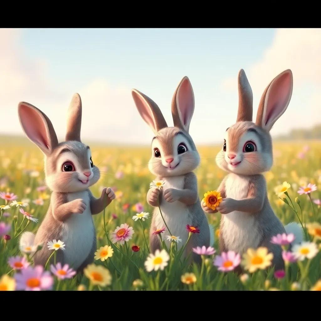 The bunnies gathering flowers in the meadow, soft pastel colors, with Benny, Bella, and Benny Boo showing off their talents, a joyful and heartwarming scene, fairy-tale vibe