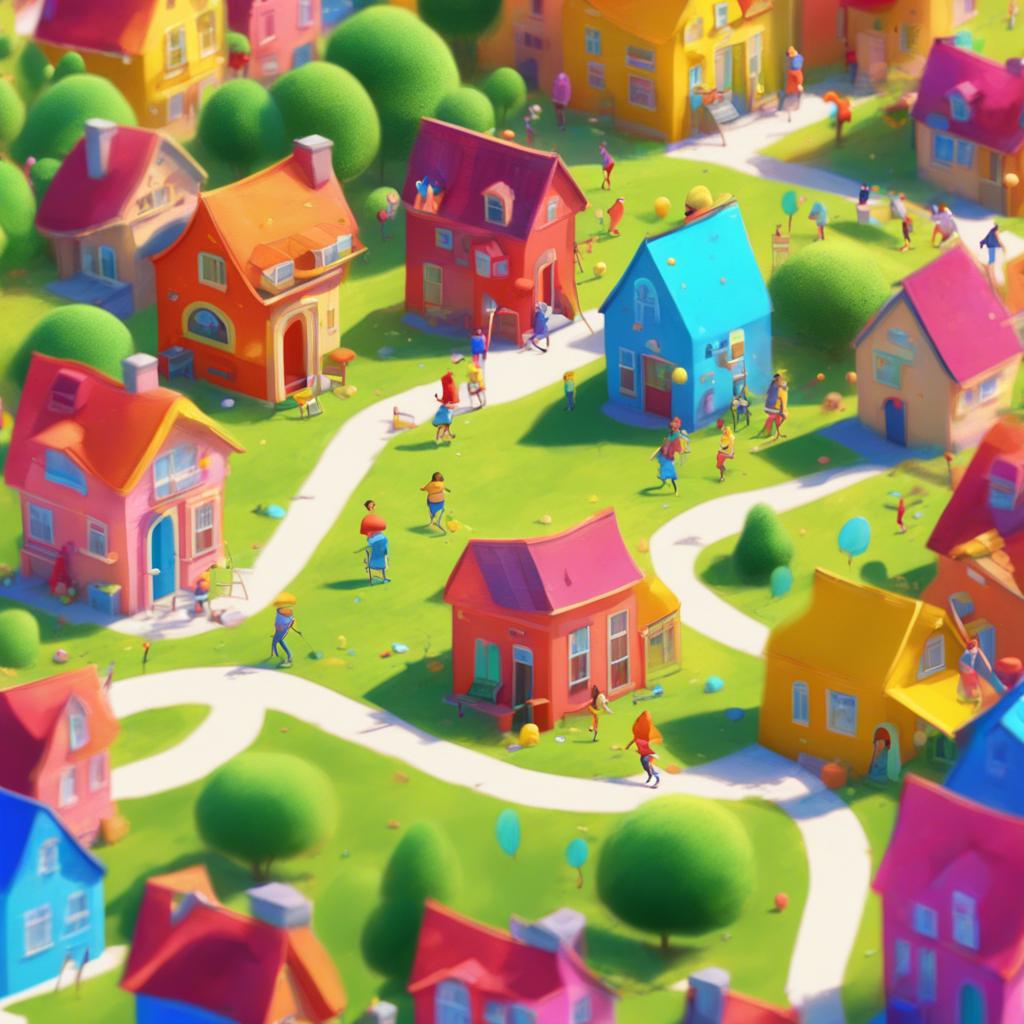 A lively letter 'B', bouncing happily in a colorful town called Letterland, with bright houses and children playing in a sunny park, digital art, cheerful atmosphere, vibrant colors, engaging perspective, high quality