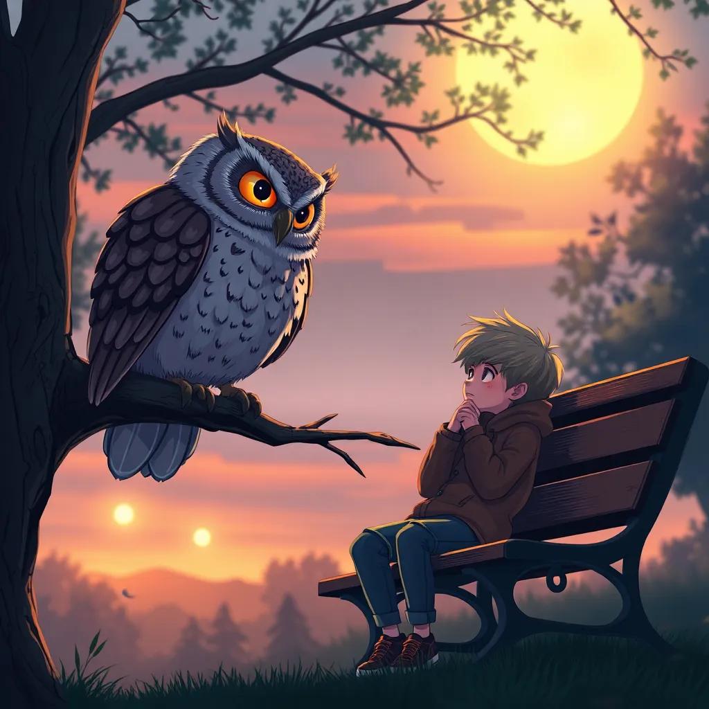 A wise old owl named Oliver, perched on a tree branch, looking towards a thoughtful boy named Timmy sitting on a park bench, twilight glowing behind them, digital art, warm colors, inviting atmosphere, high quality