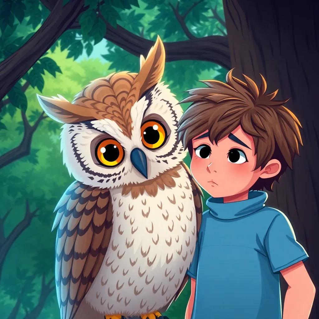 Oliver the owl, with intricate feather patterns and wise eyes, closer to Timmy, who has messy hair and a concerned expression, surrounded by lush trees, illustration, vibrant colors, child-friendly style