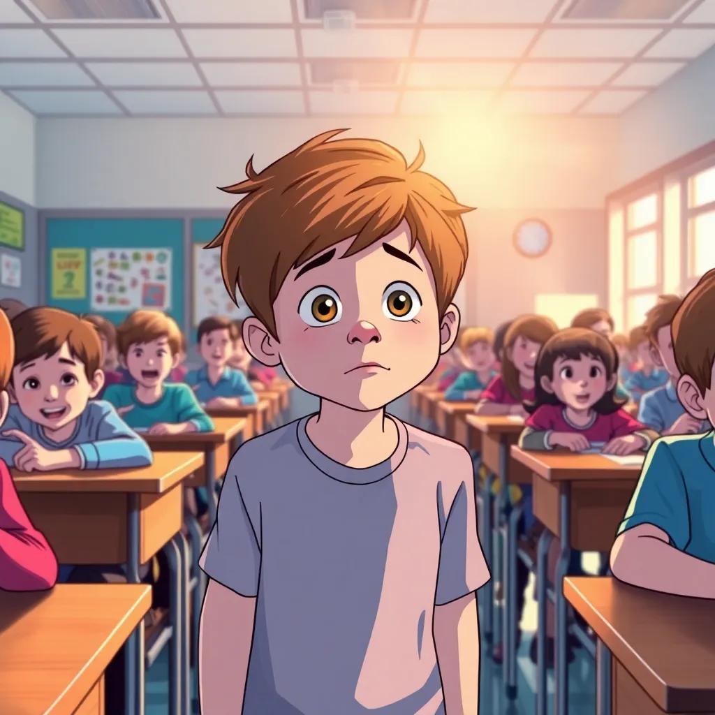 Timmy, a young boy with light brown hair, nervously entering a bright classroom with excited students at desks, sunlight streaming through windows, illustration, cheerful surroundings, high quality
