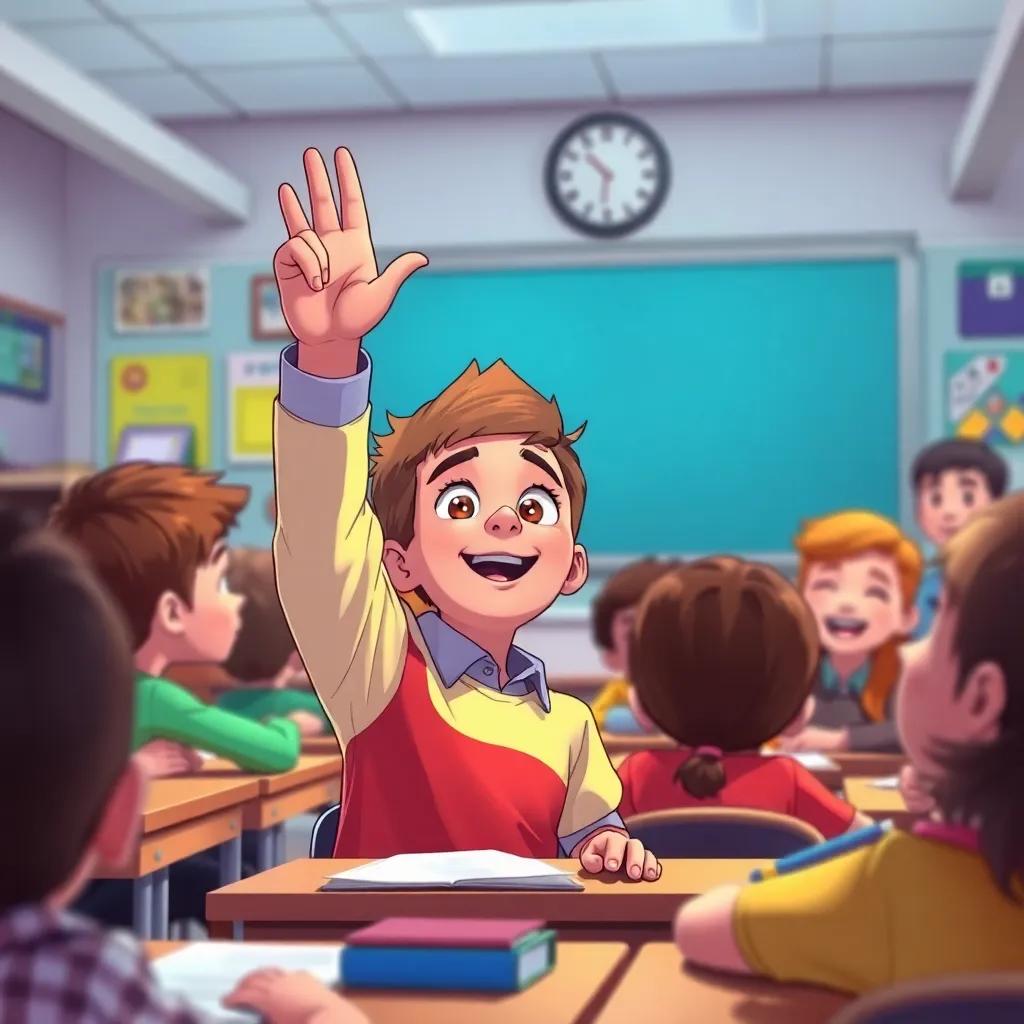 Timmy raising his hand in class excitedly, with bright eyes, while his classmates listen, the teacher smiling, colorful classroom filled with learning materials, illustration, engaging scene, high quality