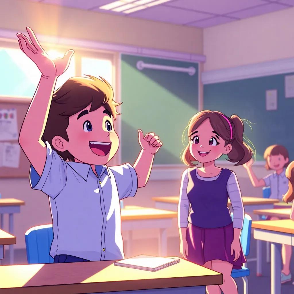 Timmy celebrating after answering in class, a girl named Lily smiling at him, sunlight shining through the classroom windows, digital art, joyful scene, bright colors, high quality