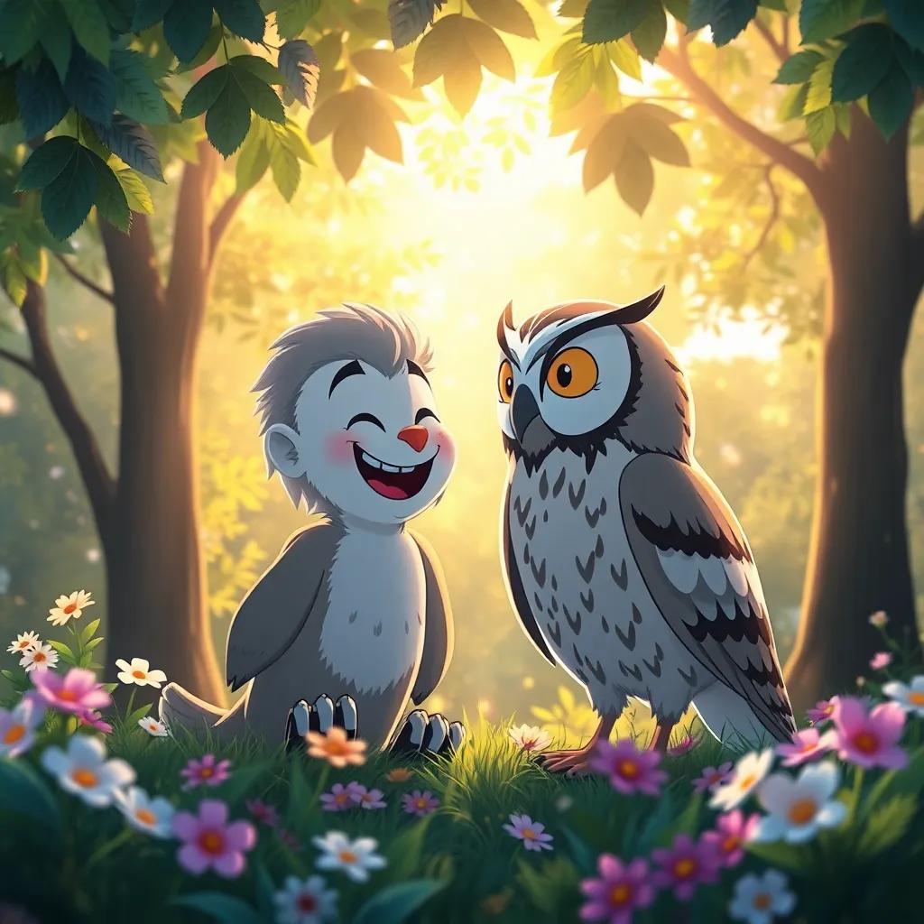 Timmy and Oliver the owl reuniting in the park with joy, soft sunlight filtering through leaves above, Timmy laughing, surrounded by beautiful flowers, digital art, heartwarming atmosphere, high quality