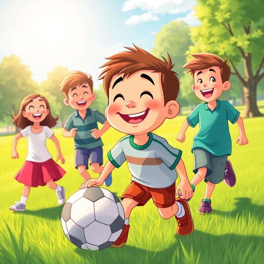 Timmy smiling as he plays soccer with new friends, laughter echoing in the park, green grass under bright sun, lively atmosphere, illustration, vibrant colors, child-friendly