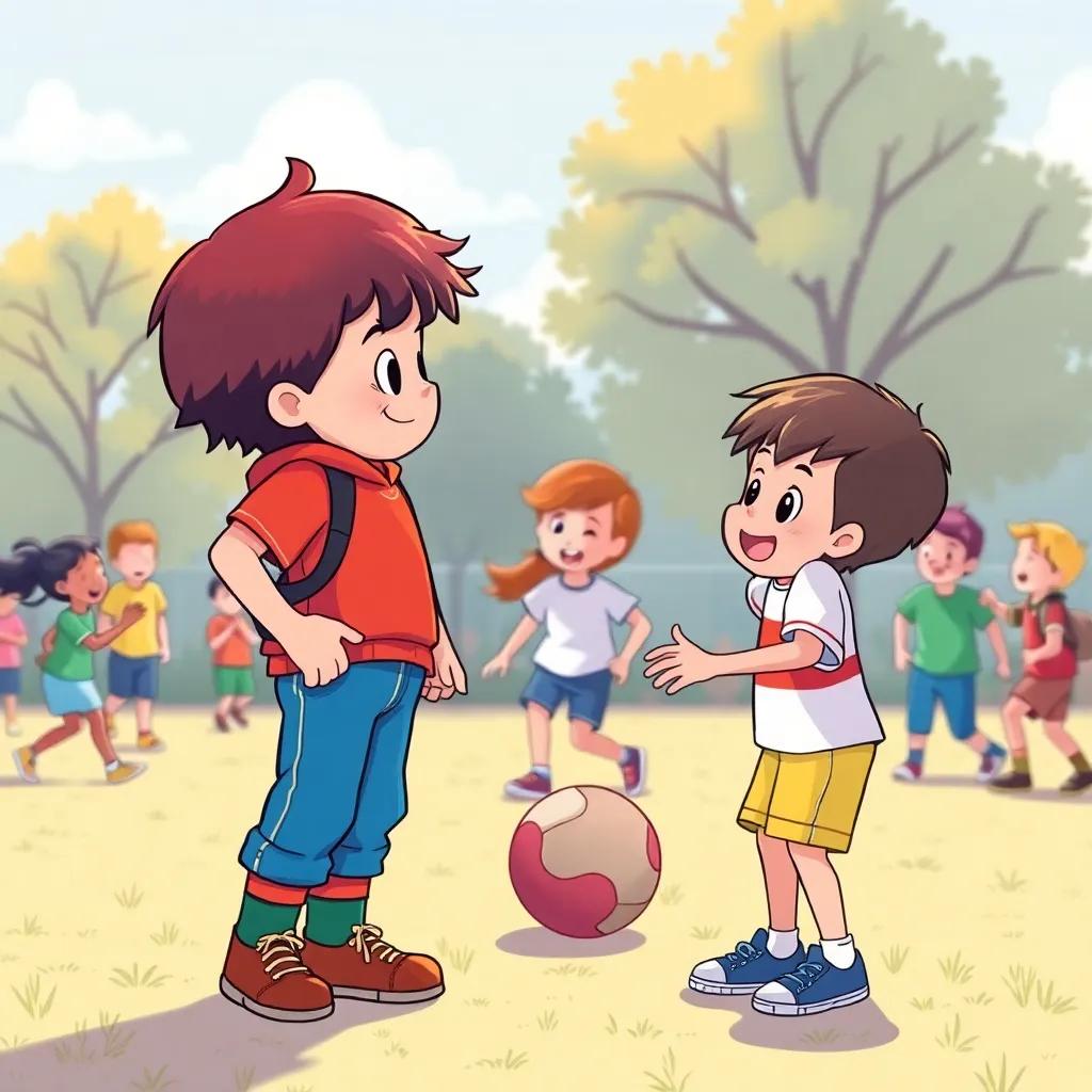Timmy approaching a shy boy on the sidelines, inviting him to join the game, colorful scene with kids playing, laughter in the air, illustration, warm, cheerful scene, high quality