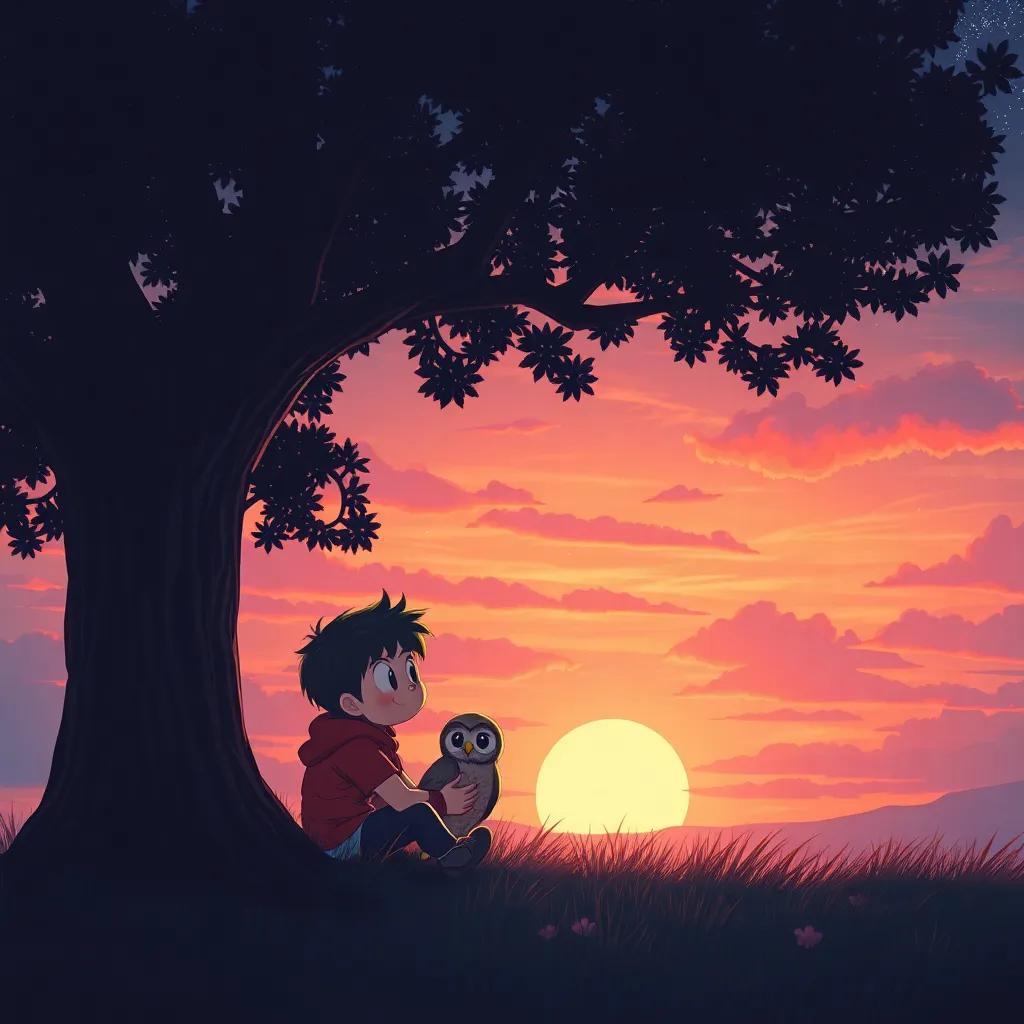 A beautiful sunset with Timmy sitting under a tree, Oliver the owl beside him, stars beginning to twinkle, colorful sky, peaceful atmosphere, digital art, high quality