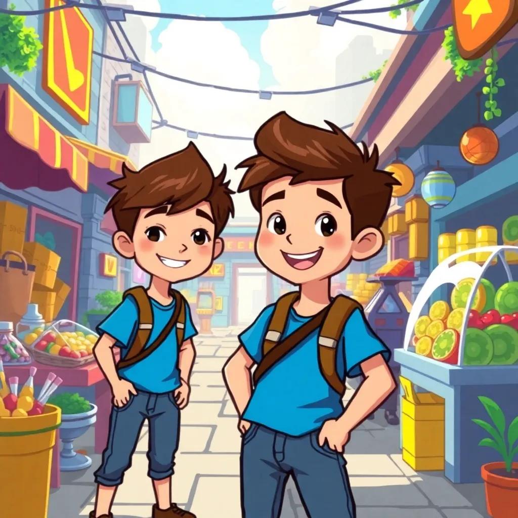 A brave boy named Leo, with short brown hair, wearing a blue T-shirt and jeans, helping a merchant in a bustling futuristic market, sunny day, vibrant colors, joyful atmosphere, digital art, cheerful and friendly