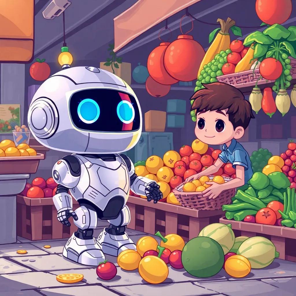 A shiny silver robot named Gizmo, with friendly blue eyes, assisting Leo in collecting fallen fruits and vegetables in the market, bright and colorful scene, playful mood, detailed illustration, engaging and warm