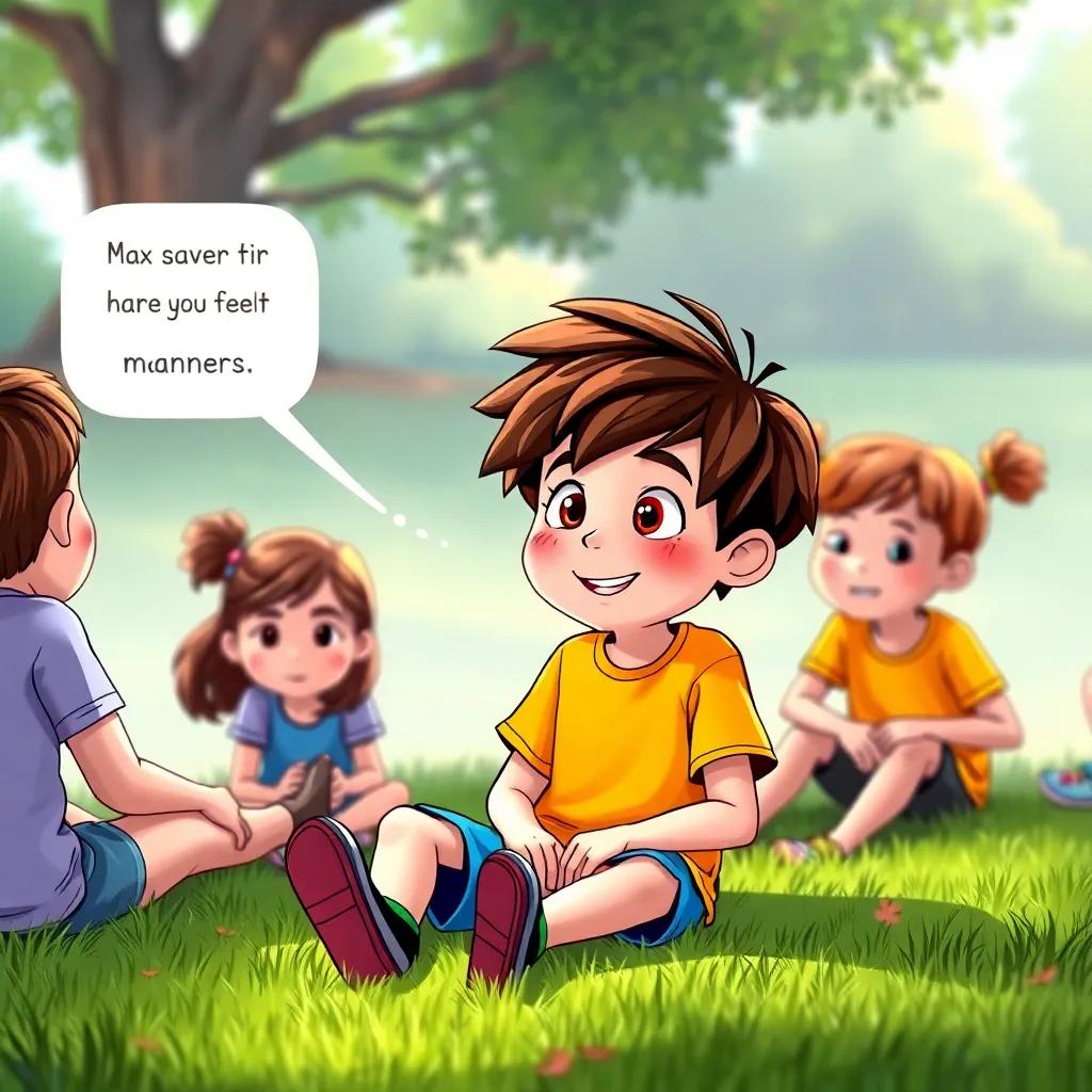 Max, a lively boy with messy brown hair, wearing a bright t-shirt and shorts, sitting on grass with friends, looking surprised as Lily explains manners, illustration, friendly environment, soft colors, inviting