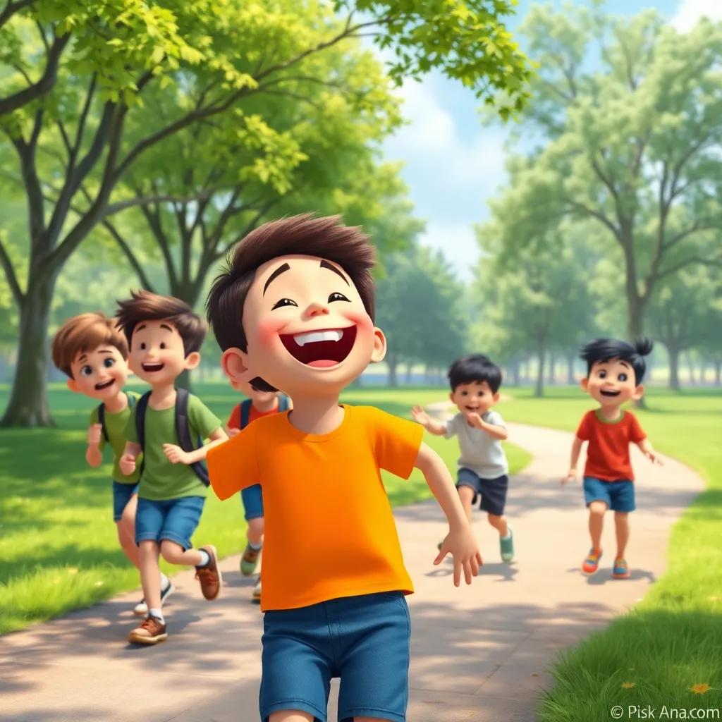 A park scene with children playing tag, Max laughing with loud voice, wearing a bright t-shirt, friends cheering in excitement, detailed illustration, joyful, playful colors, high quality