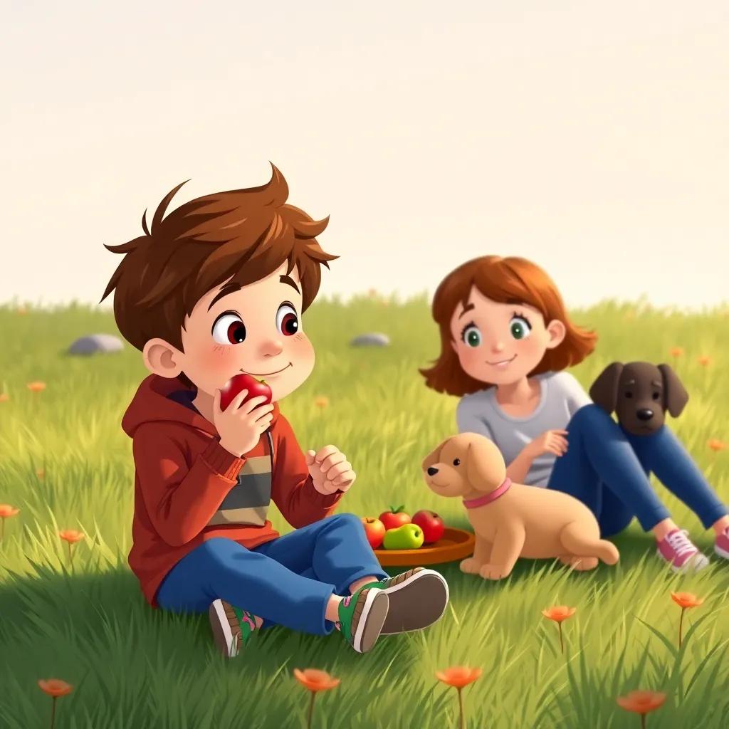 Snack time with kids sitting on grass, Max, a boy with messy brown hair, munching on an apple, looking thoughtful as Sarah talks about her puppy, warm colors, friendly atmosphere, child-friendly illustration