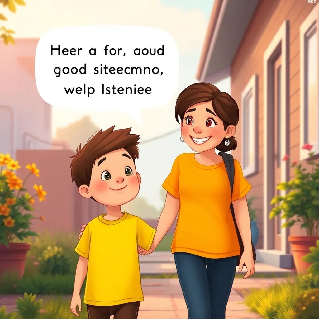 Max, a boy in a bright t-shirt, walking home with his mom, a kind woman with a warm smile, talking about being a good listener, warm colors, heartwarming atmosphere, digital painting, family joy
