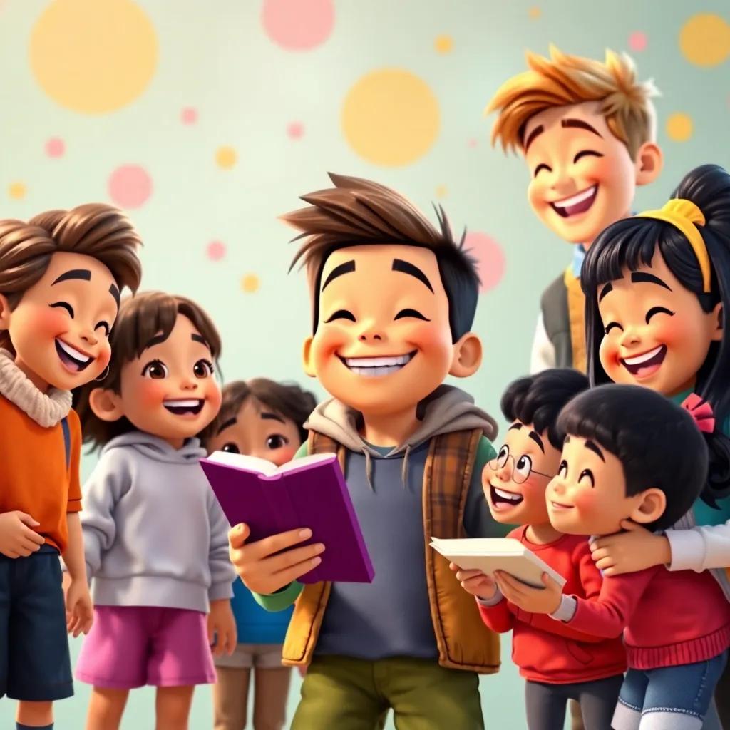 All friends together laughing and sharing stories, Max, with a big smile, learning from others, diverse children with different outfits, playful and vibrant backdrop, digital art, colorful and uplifting