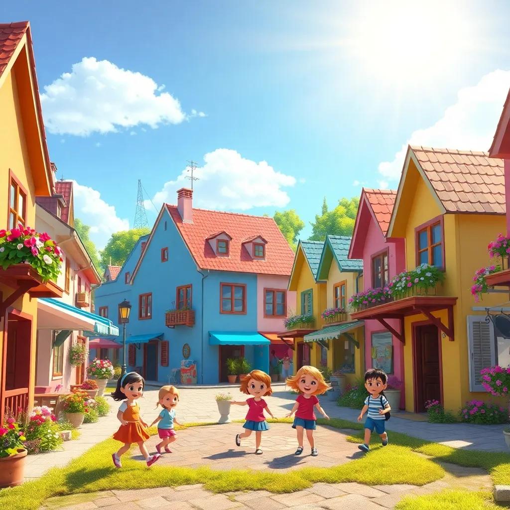 A lively little town under a bright sun, children playing happily in the street, colorful houses with flowers, digital art, cheerful atmosphere, warm colors, close-up view, high quality, children having fun, charming scenery
