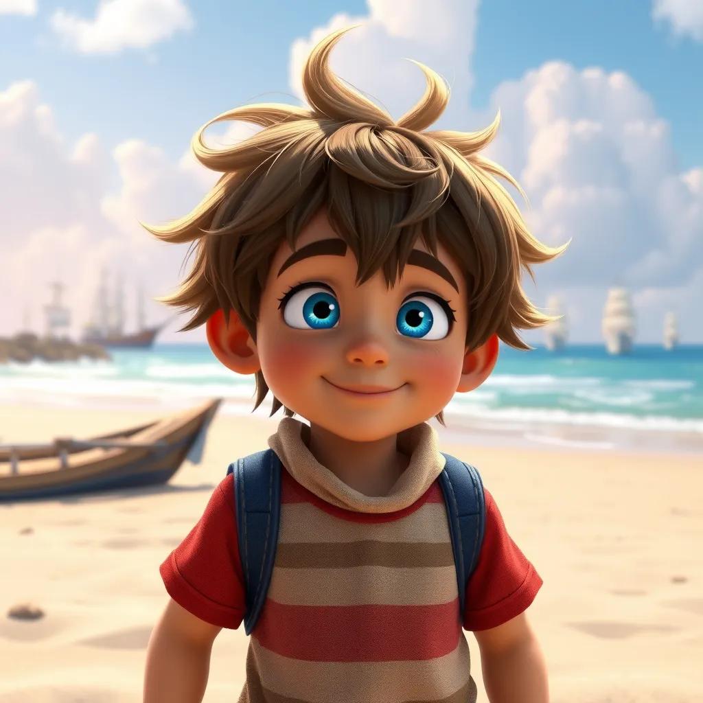 A young boy named Leo, with messy brown hair and bright blue eyes, standing on a sandy beach looking at the ships in the distance, digital art, vibrant colors, cheerful atmosphere, high quality