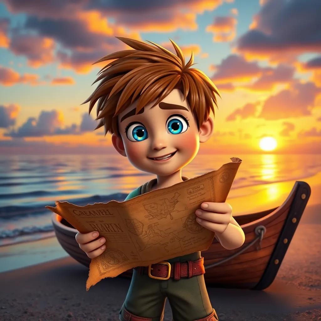 Leo, the boy with messy brown hair and bright blue eyes, holding an old treasure map while standing next to a small rowboat on the beach, sunset sky reflecting on the water, colorful, adventurous mood, high quality