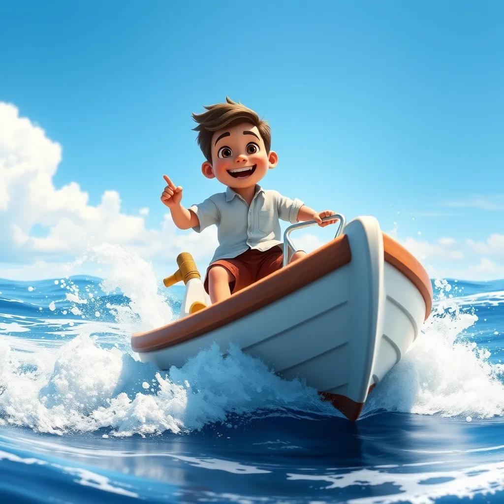 Leo, sailing bravely on a small boat with waves splashing around him, wearing a simple white shirt and brown shorts, with a big smile, open ocean, bright blue sky, joyful atmosphere, high quality