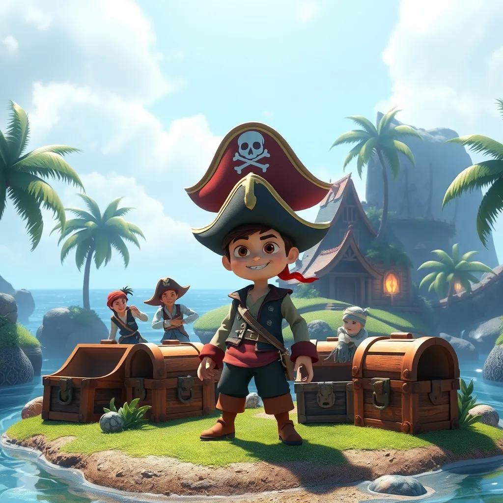 A mysterious island with a group of pirates, featuring Leo at the center wearing a pirate hat, surrounded by treasure chests and palm trees, bright colors, lively setting, high quality