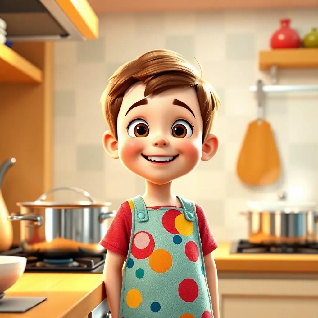 A young boy, Timmy, with short brown hair, wearing a colorful apron, smiling wide in a bright kitchen, standing by a shiny pot on the stove, excited to cook, digital art, cheerful atmosphere, warm colors, inviting look, playful angle, high quality