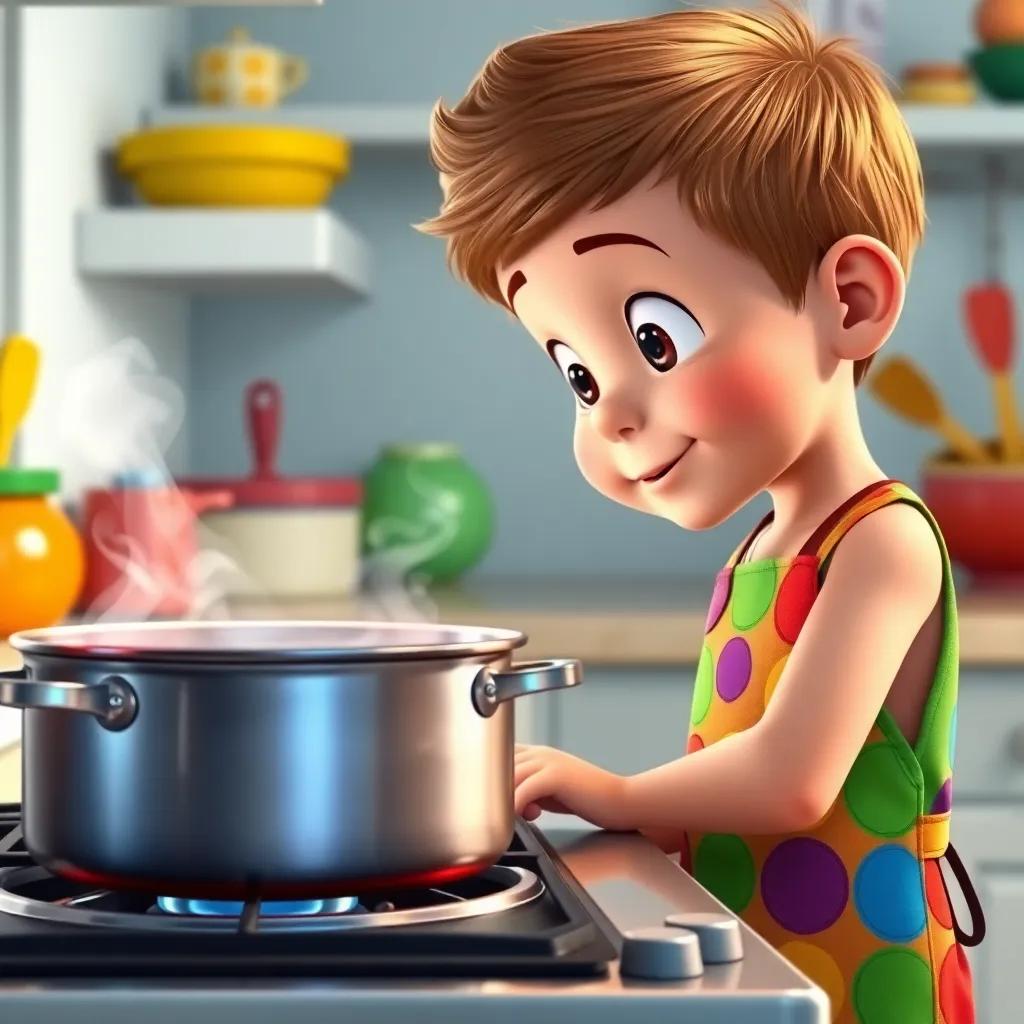 Timmy, a young boy in a colorful apron, looking at a round shiny pot on the stove with curiosity, steam coming out, bright kitchen with colorful utensils, digital art, vibrant colors, happy feeling, close-up view, child-friendly