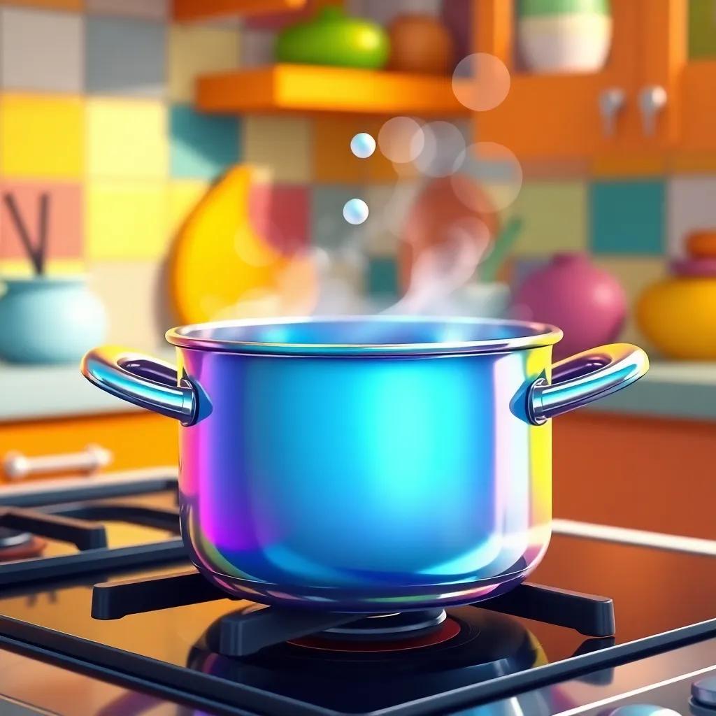 A shiny cooking pot on the stove, with a small shiny dot dancing on it, steam rising around, colorful kitchen background, joyful scene, bright colors, digital painting, child-friendly, whimsical angle