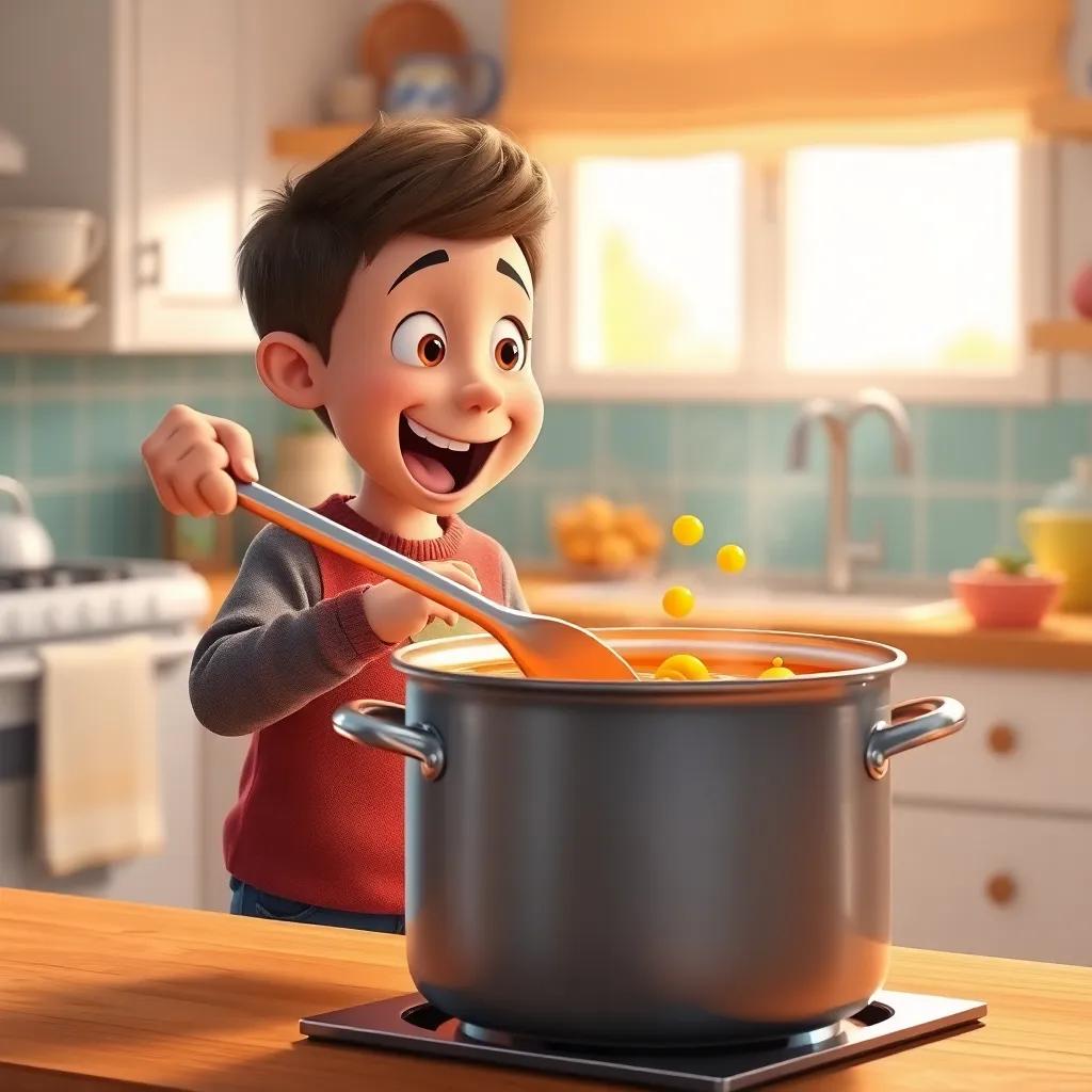 Timmy, excitedly stirring the pot with a big spoon, watching the dot wiggle happily on the pot, filled with soup, bright kitchen full of colors, warm light, joyful mood, digital art, engaging scene, high quality