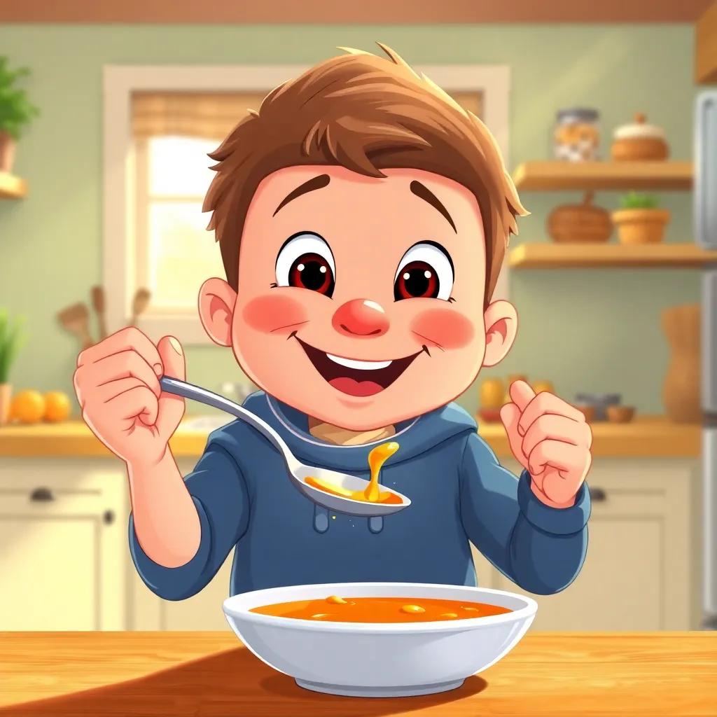 Timmy tasting the soup with a big spoon, a bright smile on his face, the dot sparkling with pride, sunny kitchen filled with colors, happiness and warmth, illustration, child-friendly style, high-quality