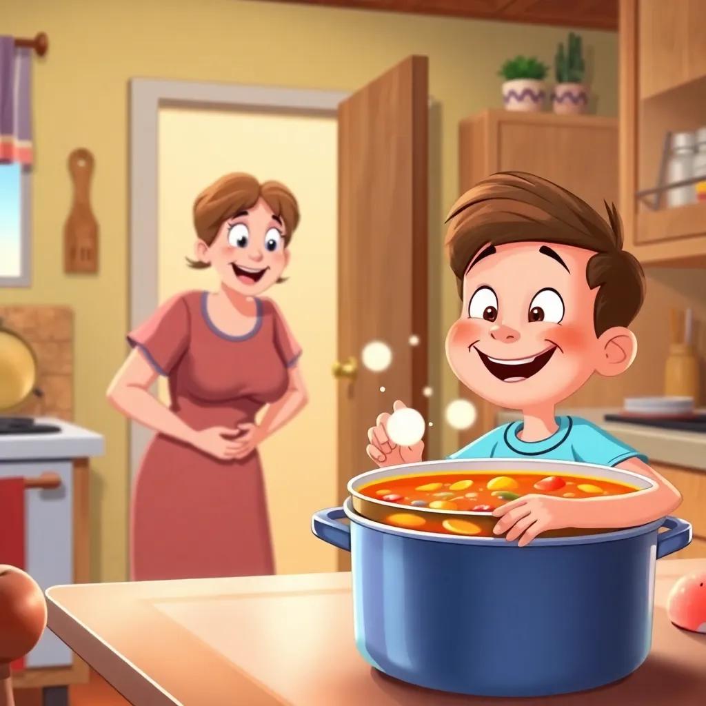 Timmy's mom entering the kitchen, surprised and happy, looking at the colorful soup, Timmy smiling widely with the dot shining on the pot, warm kitchen atmosphere, colorful and cheerful scene, family-friendly illustration