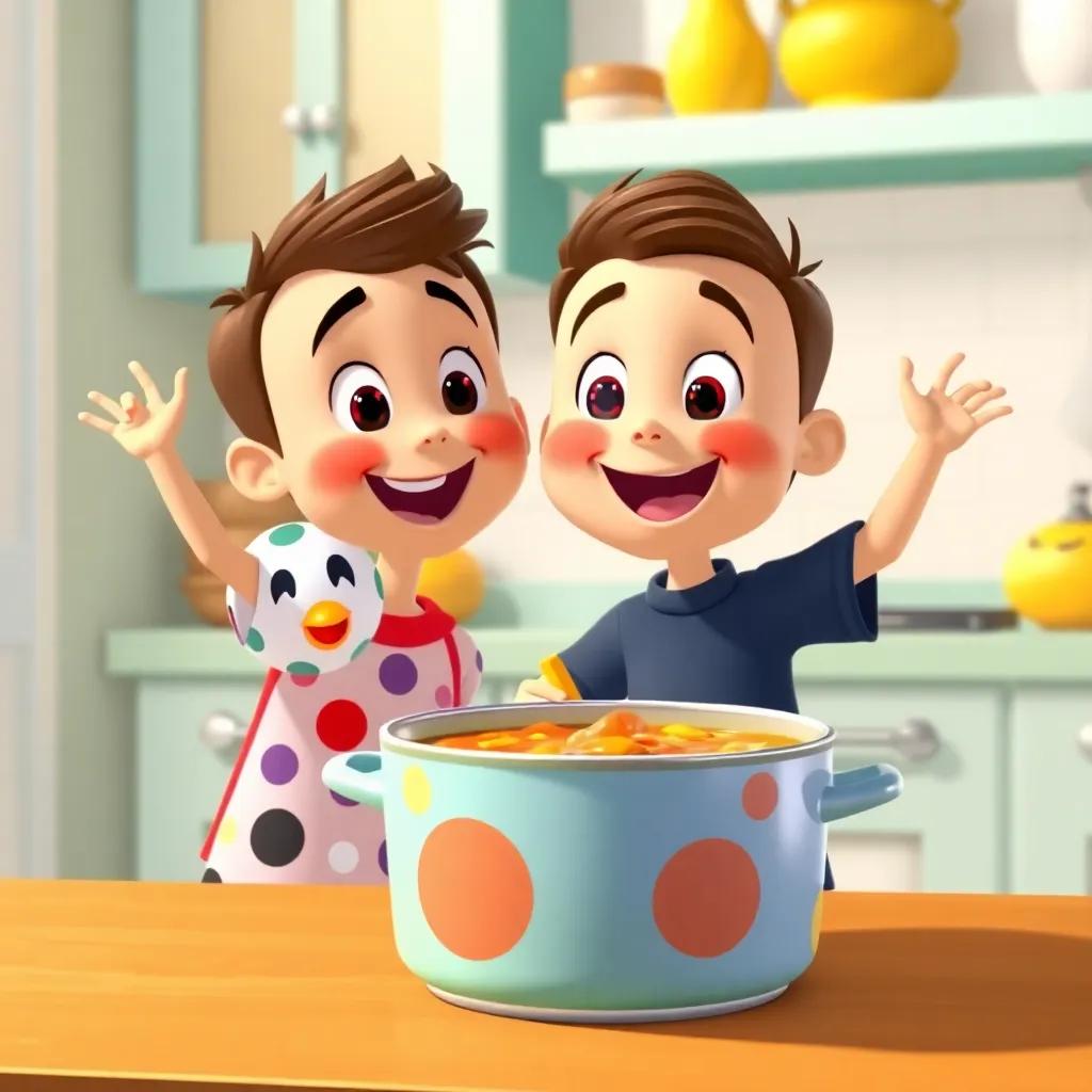 Timmy and the dot celebrating their cooking success, colorful pot with soup, happy expressions, bright kitchen surroundings, warm colors, joyful atmosphere, child-friendly digital art, inviting look