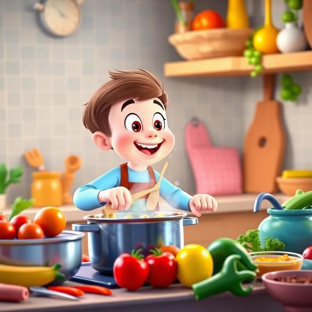 Timmy cooking in the kitchen with the dot on the pot, surrounded by colorful ingredients, a fun and engaging atmosphere, filled with laughter and joy, bright and lively digital art, high quality