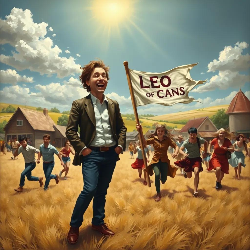Leo stands alone in the field, laughing with a wide grin as the town's people run in different directions, looking confused and worried. The sun shines brightly above, and the sign flaps in the wind, creating a comical atmosphere.