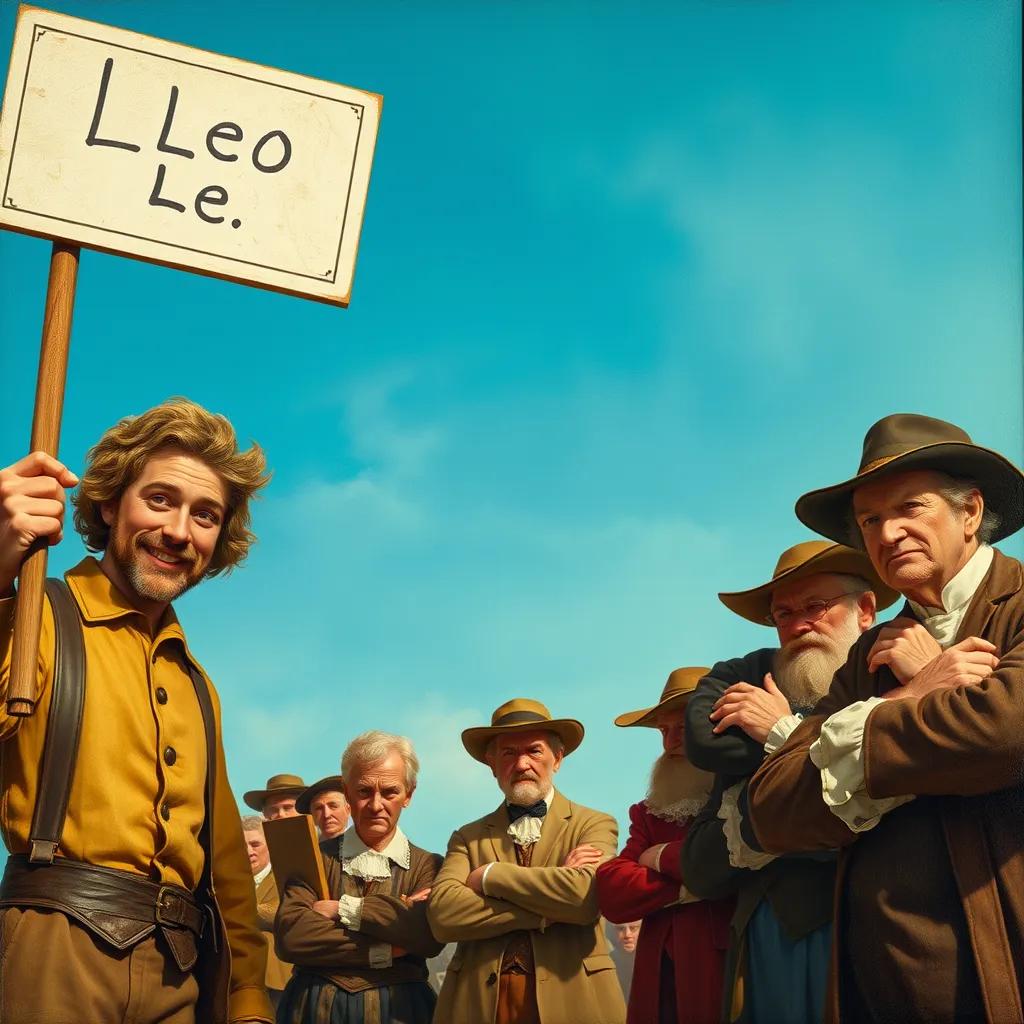 Leo again holds his sign with a cheeky smile, but this time the townspeople are frowning, crossing their arms, and shaking their heads disapprovingly. They are dressed in old-fashioned clothes, looking stern against a clear blue sky.