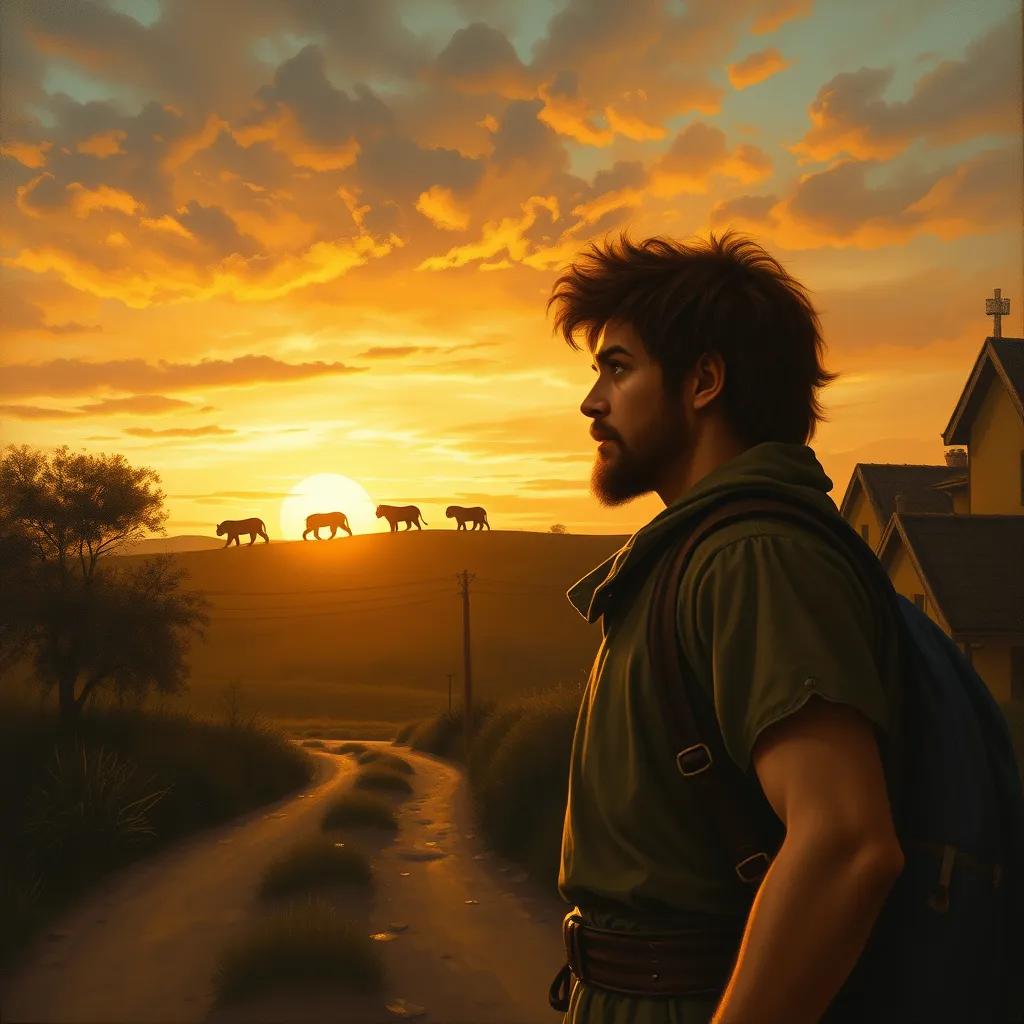 As Leo walks home at dusk, he spots a silhouette of lions in the distance. His face shows a mix of surprise and fear, while he looks back at the town, a golden sunset casting long shadows over him.