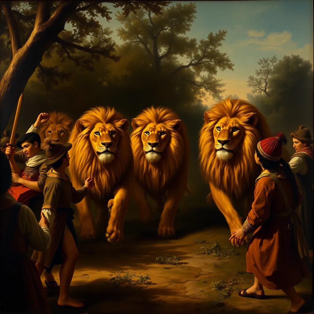 The townsfolk, now believing Leo, rush towards him as real lions appear. The lions look majestic but calm. The people are seen wearing looks of concern and bravery as they approach the scene, with trees and dusk lighting creating a dramatic backdrop.