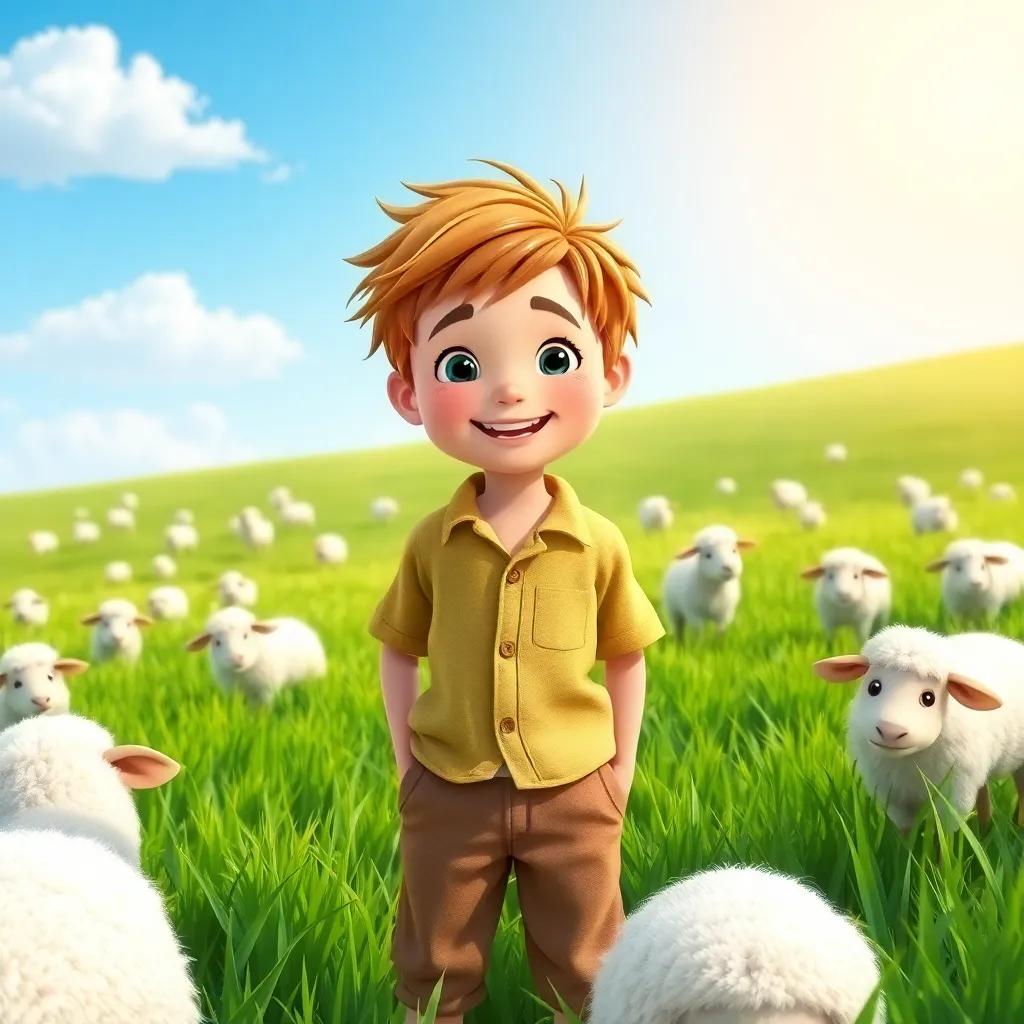 A cheerful shepherd boy with tousled hair wearing a simple shirt and pants, standing in a lush green field with fluffy white sheep, bright blue sky and sunshine, digital art, vibrant, happy atmosphere, high quality