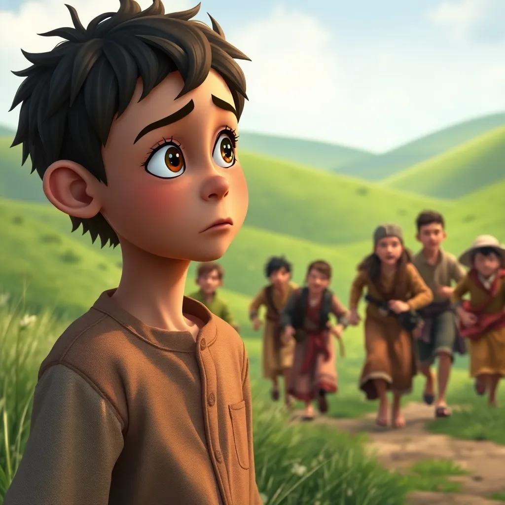 A worried shepherd boy wearing a simple shirt, looking at a group of villagers running toward him with fear on their faces, green hills in background, colorful, emotional scene, detailed, heartfelt