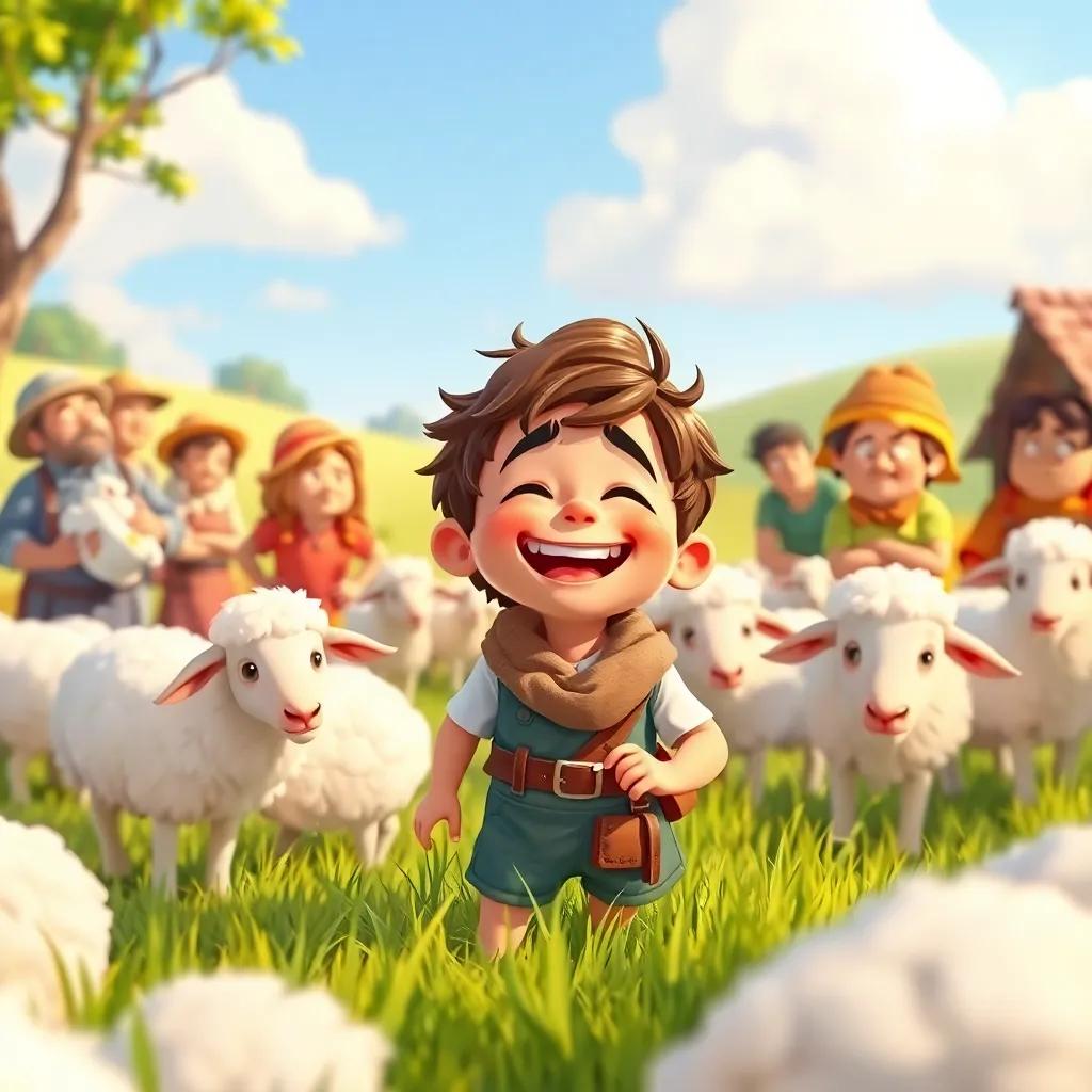 A playful shepherd boy laughing in the field, with sheep around him, while villagers look confused and annoyed, vibrant colors, humorous and light-hearted, digital illustration, cheerful