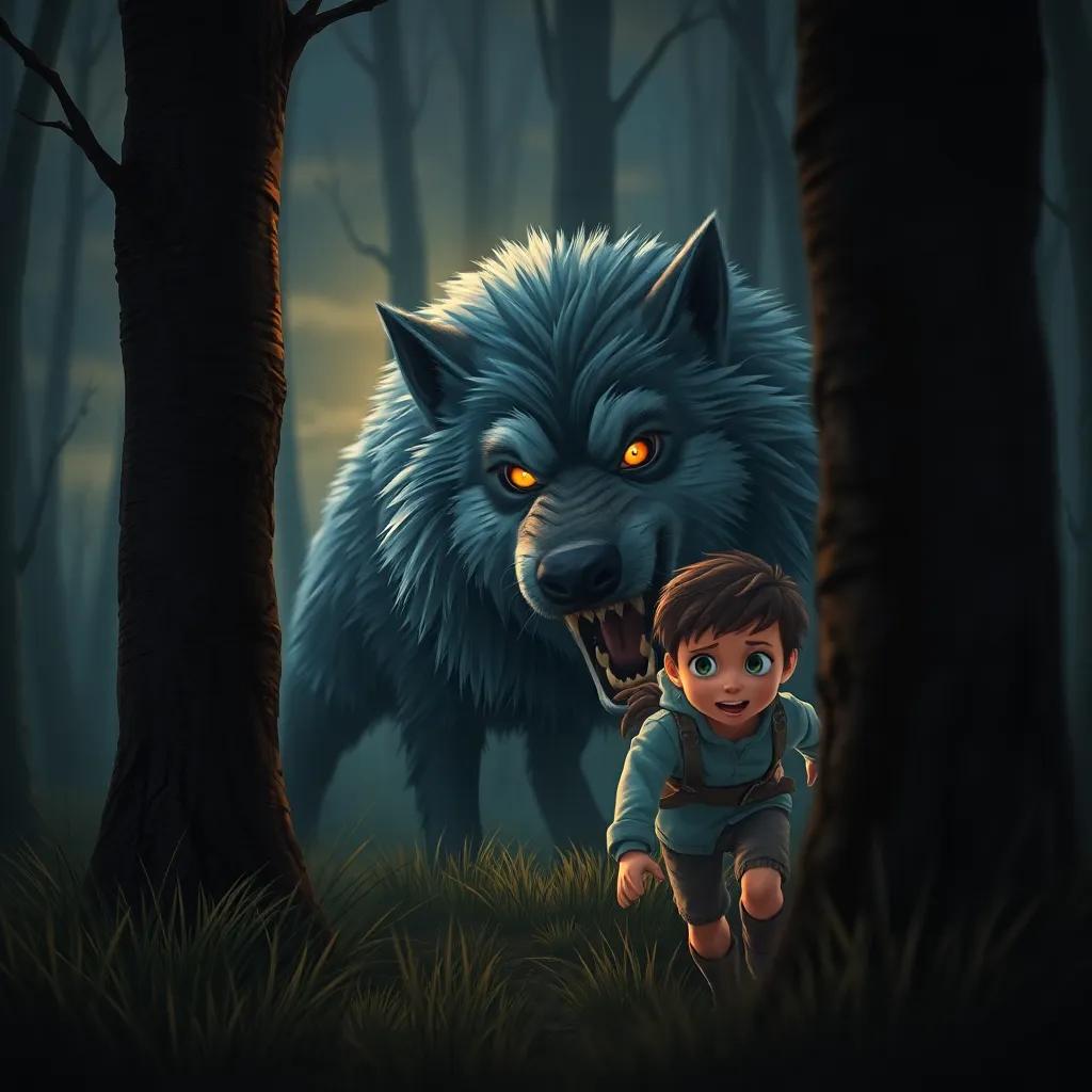 A dramatic scene of a real wolf lurking behind some trees, with sharp teeth and glowing eyes, while the shepherd boy runs away in panic, intense colors, suspenseful atmosphere, high quality