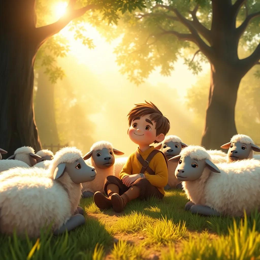 A happy moment with the shepherd boy sitting peacefully among his sheep after learning to be honest, sunlight filtering through the trees, warm colors, serene and uplifting, digital art, heartwarming