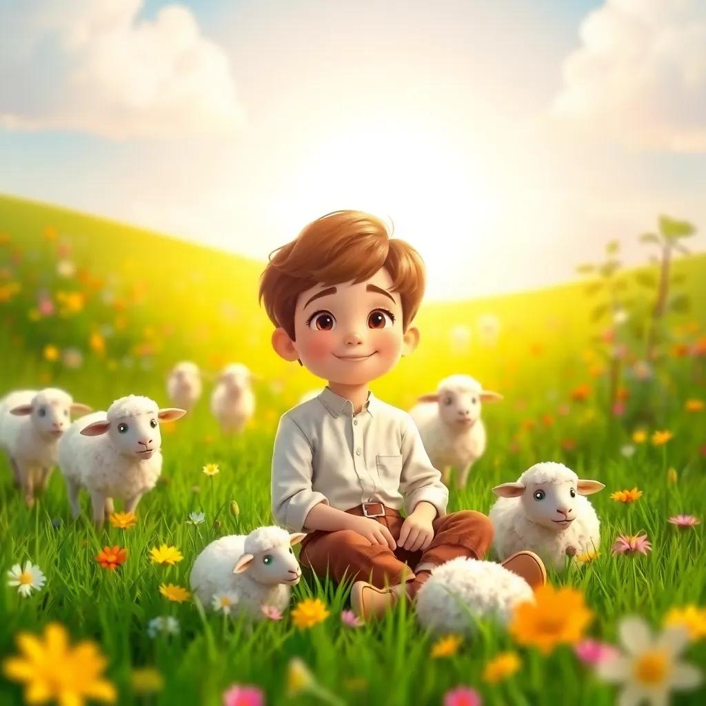 A young boy, a shepherd, with short brown hair wearing a simple white shirt and brown pants, sitting in a green meadow with fluffy sheep around him, bright sunny sky, colorful flowers, cheerful atmosphere, digital art, vibrant colors