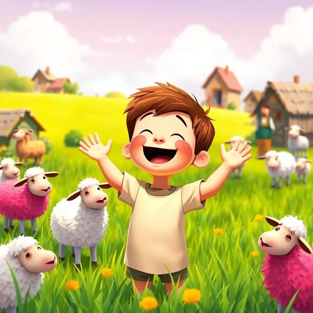 The boy laughing joyfully while standing in the meadow, with a playful smile and raised hands, colorful sheep frolicking around, villagers in the background looking confused and amused, bright and warm, child-friendly illustration