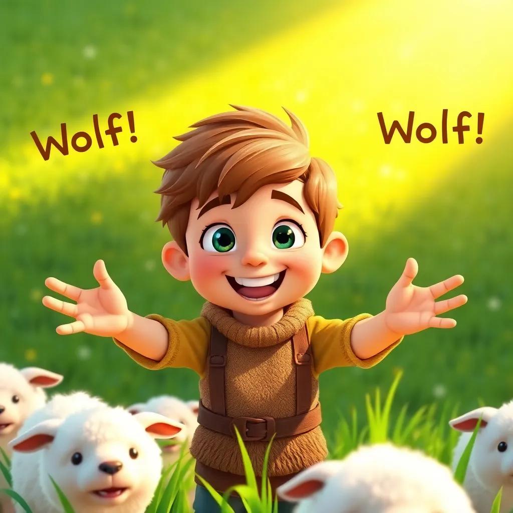 A young shepherd boy, with bright eyes and a mischievous grin, shouting 'Wolf! Wolf!' while outstretched hands, green meadow with fluffy sheep, warm sunlight shining down, playful style, cheerful colors