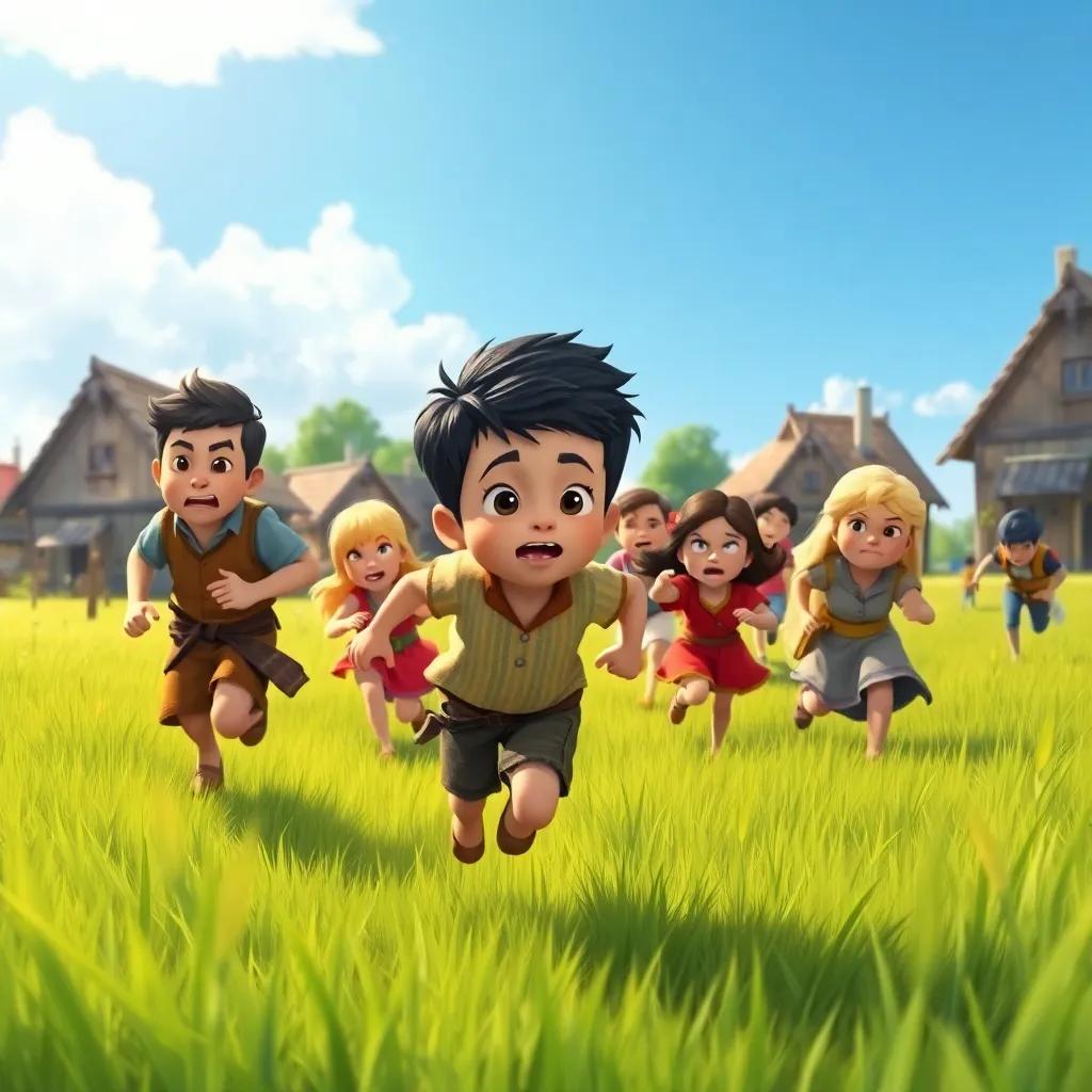 Villagers running towards the boy in the meadow with concern, some looking angry, under a bright blue sky, illustrated style, lively, cartoonish, detailed