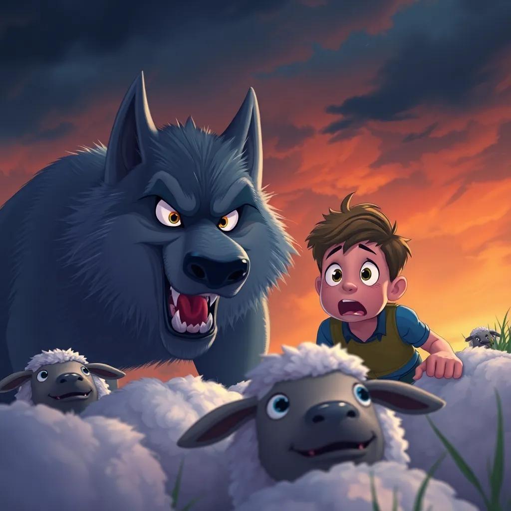 A real wolf with sharp teeth and mischievous eyes sneaking up on the sheep, the boy looking shocked and scared, darkening sky above, dynamic colors, intense atmosphere, illustration